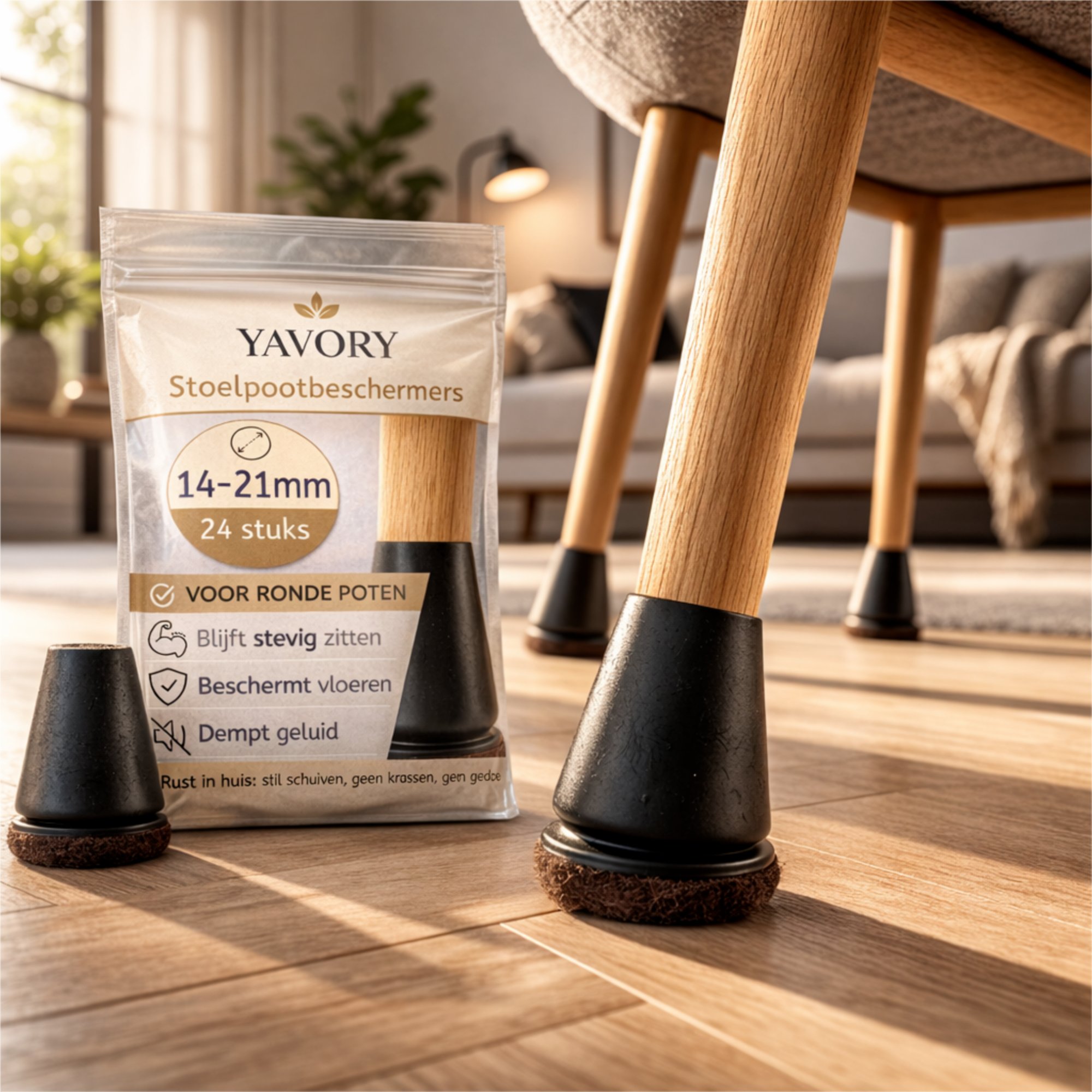 Yavory stoelpootbeschermers op een houten visgraatvloer in een warme woonkamer